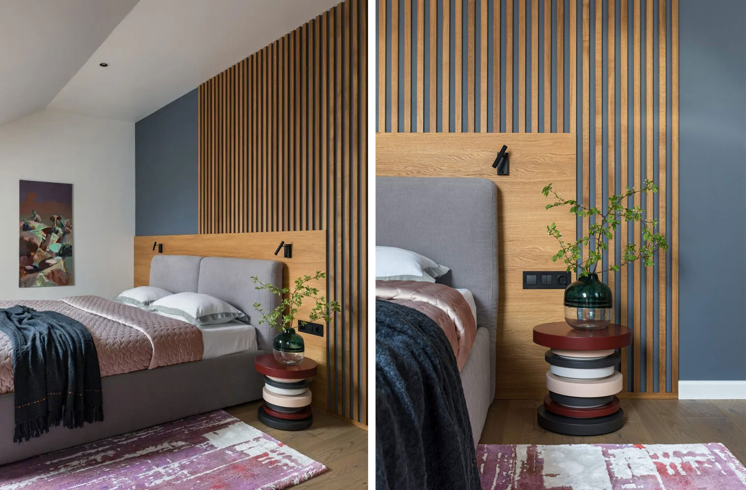 Декоративные деревянные рейки в спальне
