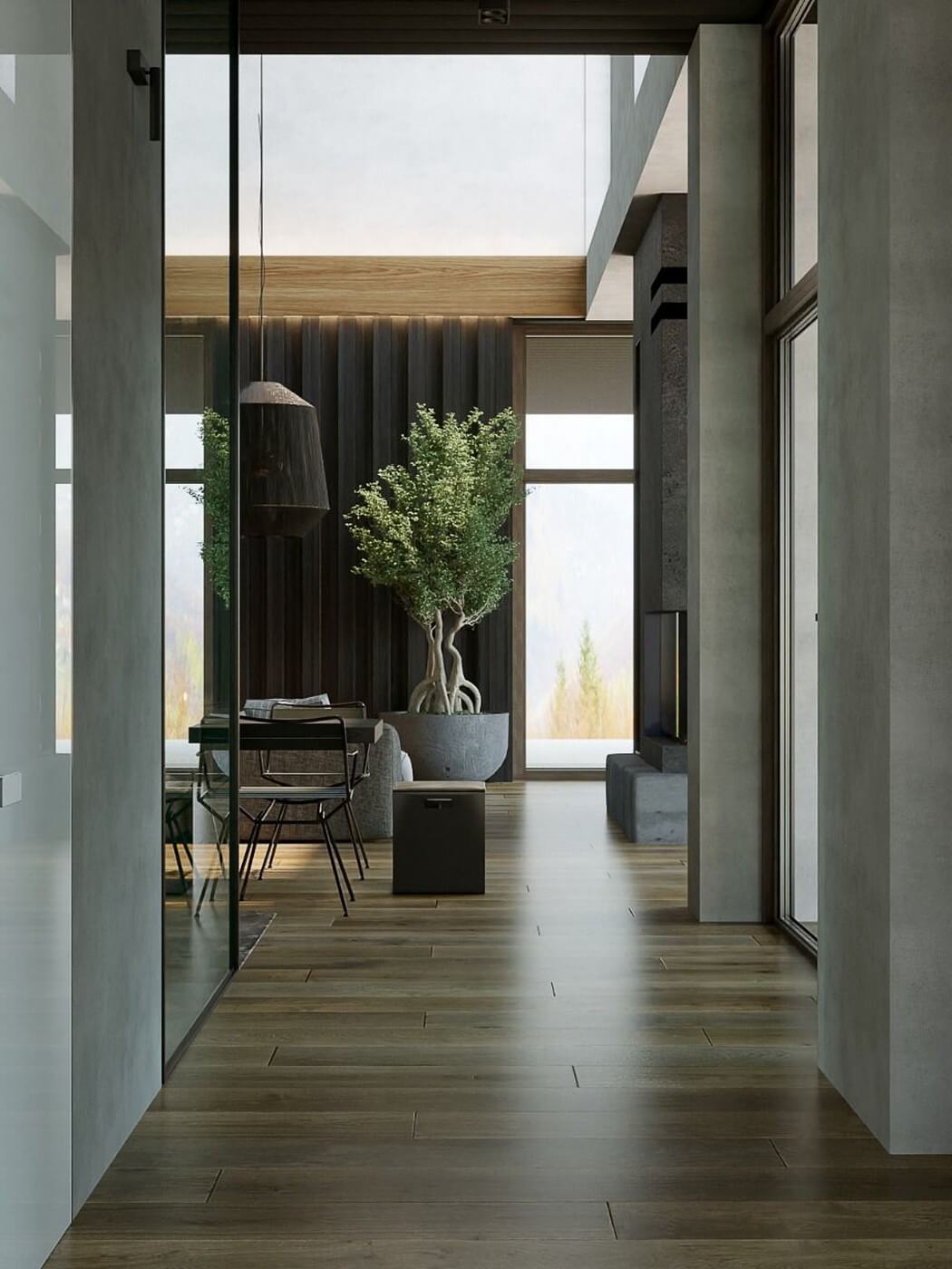 Сочетание серого цвета и дерева в интерьере дома