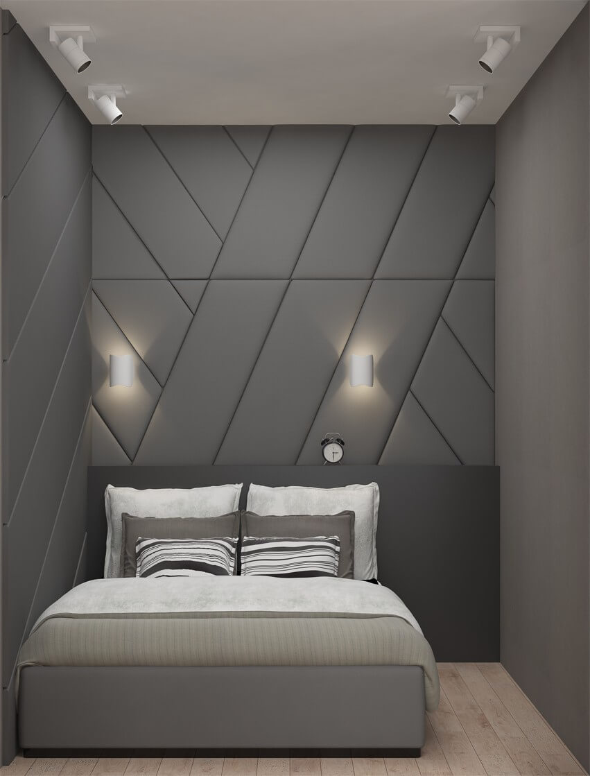 Мягкая стеновая панель из экокожи в интерьере спальни